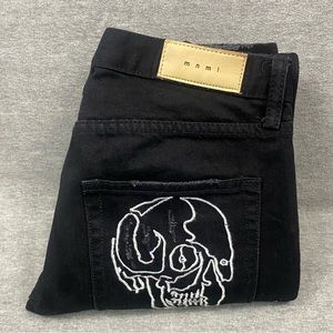 MNML Mens Black Button Fly Zip Ankle Embroidered Skulls, Heart & Cross Jeans  28